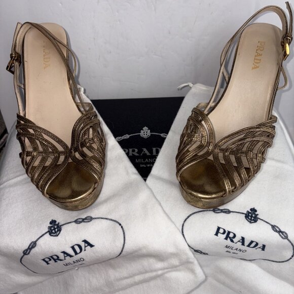 Vintage Prada Heels Gold Slingback Size EUR 37 US 7 with Box & Shoe Bags - Picture 3 of 16